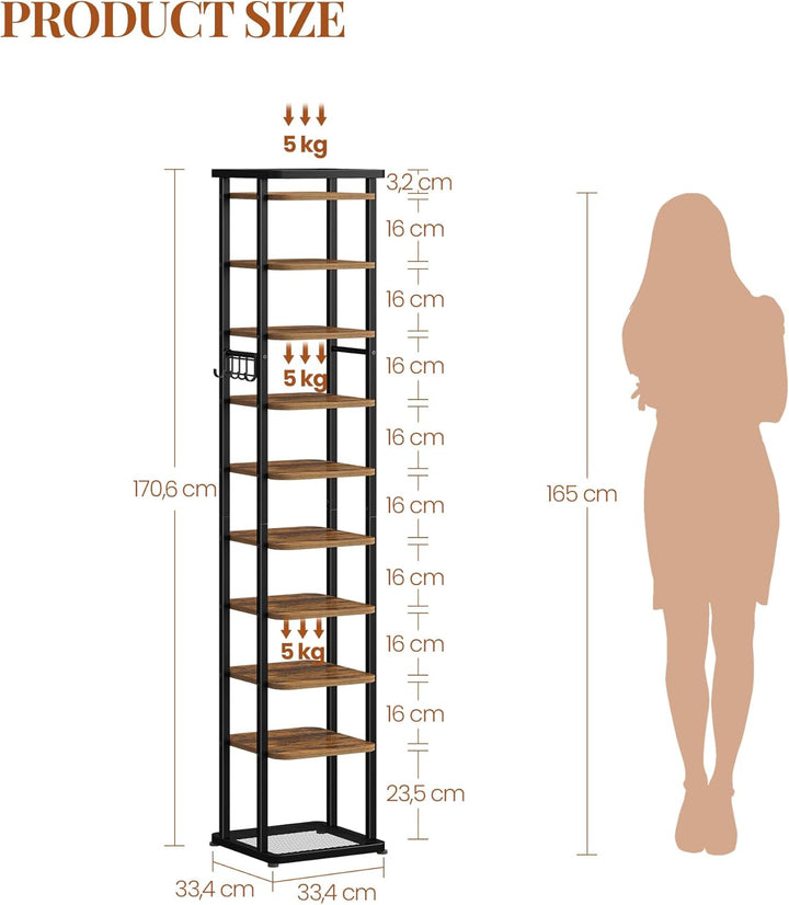 Vertikales Schuhregal, 10 Ebenen Schmales Schuhregal mit Haken, Verstellbar, Platzsparend, Schuhturm