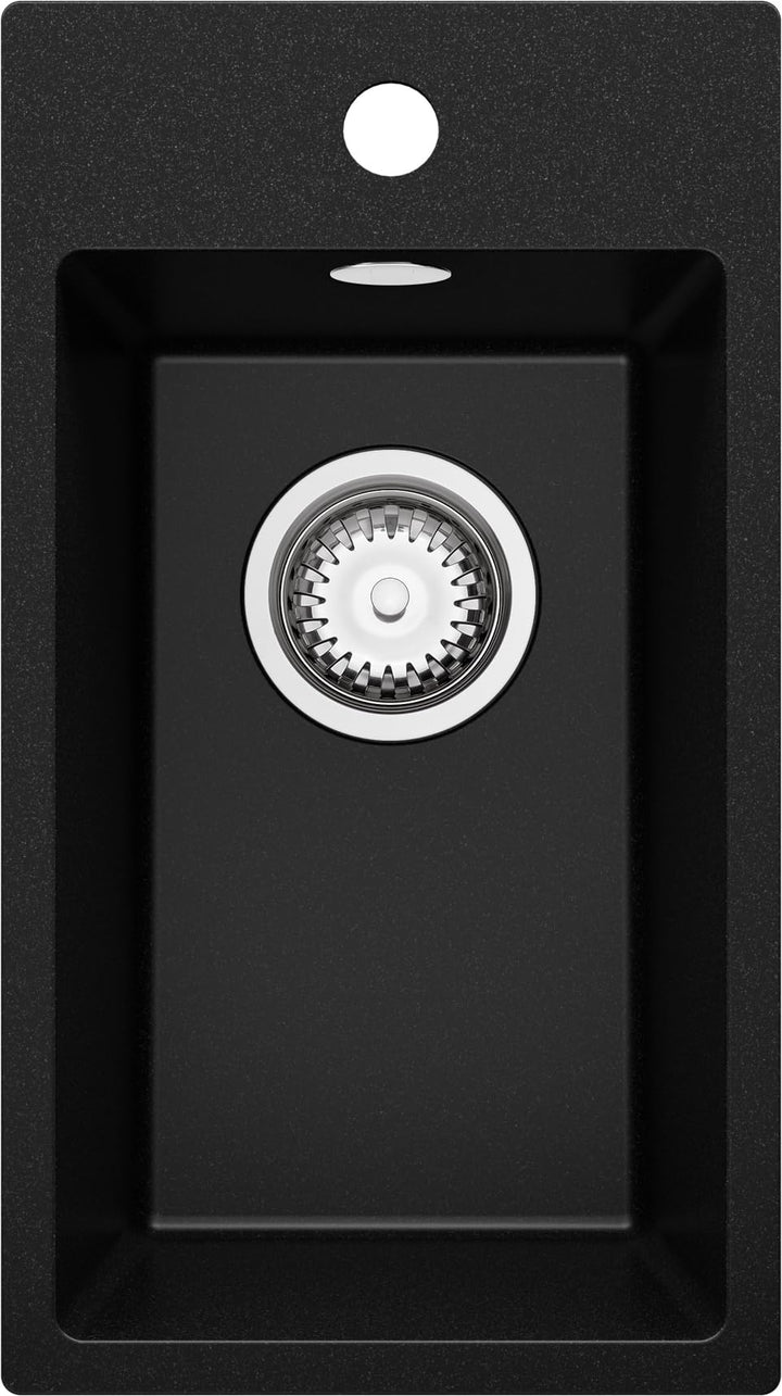 PRIMAGRAN Spülbecken Schwarz 28x50cm, Granitspüle 1 Becken + Ablauf-Set, Küchenspüle ab 30er Untersc