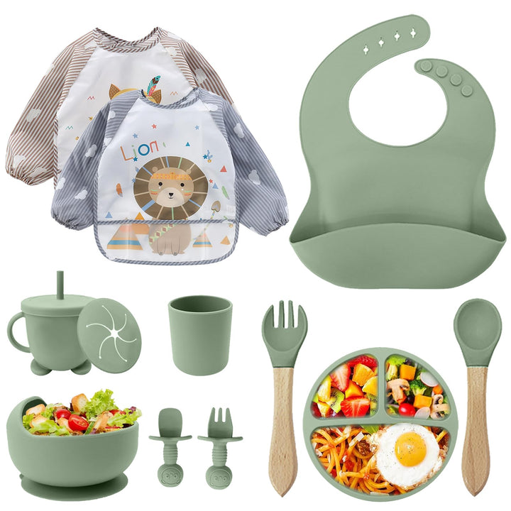 Baby Geschirrset,12er Set Kindergeschirr, Babylöffel,Trinklernbecher,Silikon Lätzchen,Baby Teller Ki