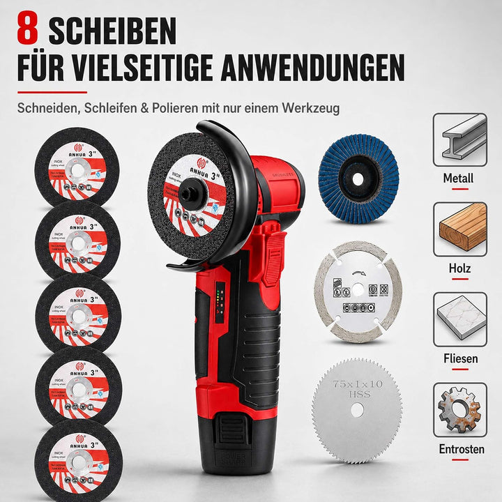 Mini Akku Winkelschleifer 12V, 76mm (3 Zoll) Bürstenloser | 2x 1500mAh Akku &amp; 8 Scheiben, 19500 U/mi