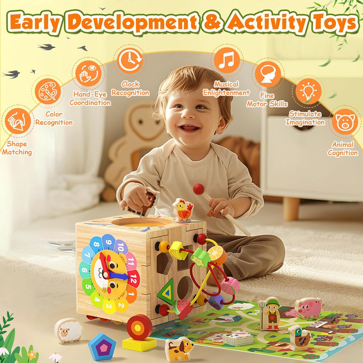 XIAPIA Montessori Aktivitätswürfel ab 1 Jahr, 7-in-1 Baby Lernspielzeug aus Holz mit Xylophon Sortie