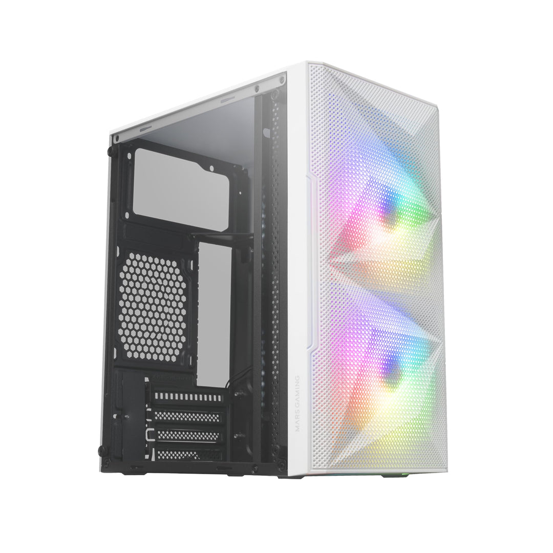 Mars Gaming MC-ME Weiss, Kompaktes MicroATX-Gaming-Gehäuse, Seitenfenster aus Gehärtetem Glas, Geome