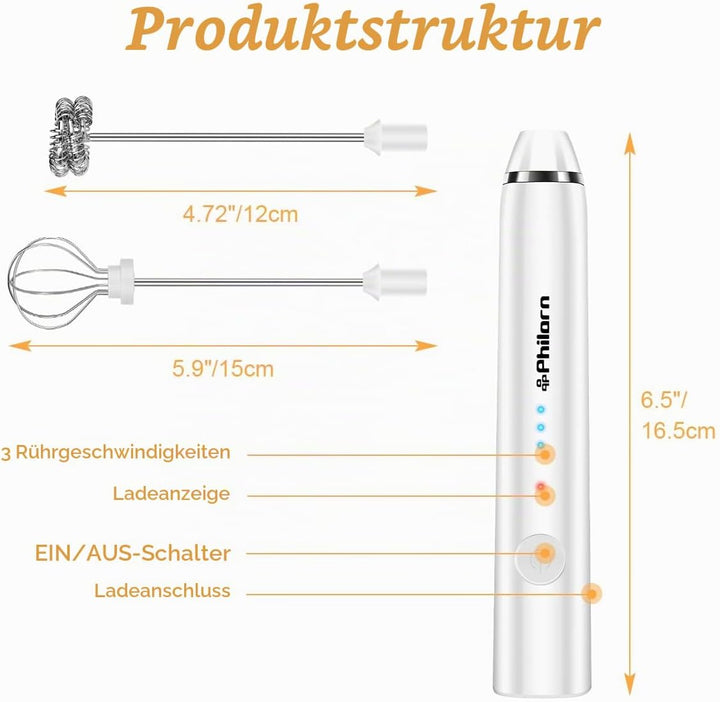 Philorn Milchaufschäumer Stab, Milchaufschäumer Elektrisch Stab Hand Held, 3-Gang USB-C Aufladbar Au