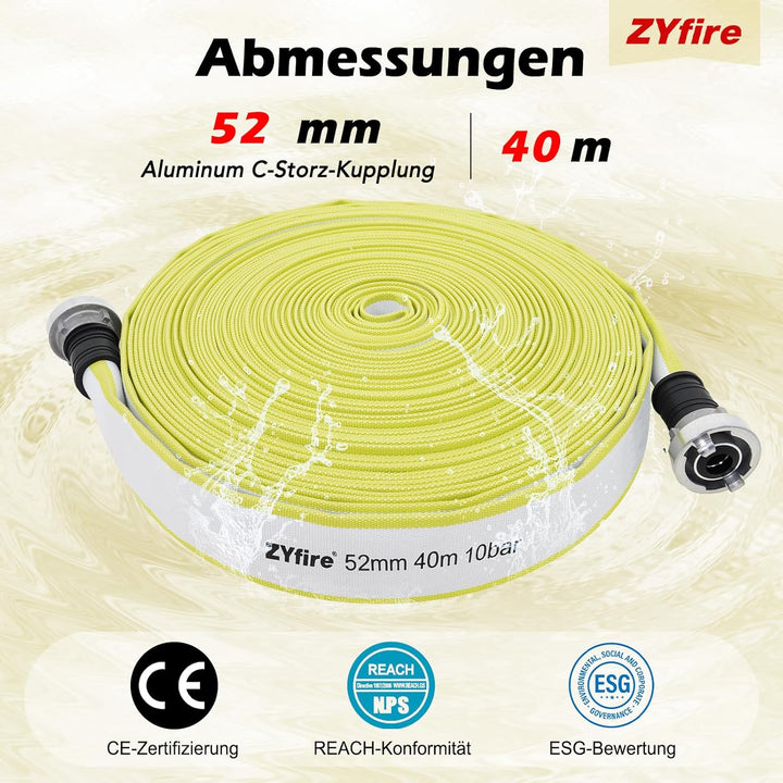 ZYfire Feuerwehrschlauch 52mm x 40m | 2 Zoll Feuerschlauch mit C-Storz Kupplung | flexibler Wassersc