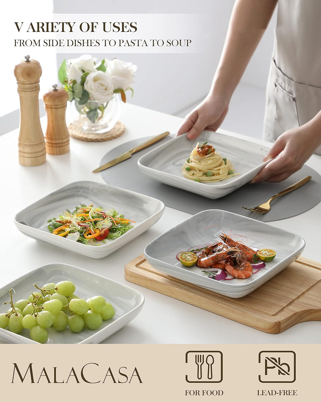 MALACASA, Serie Ivy, 4 teilig Set Marmor Porzellan Speiseteller Pastateller, Kuchenteller Desserttel