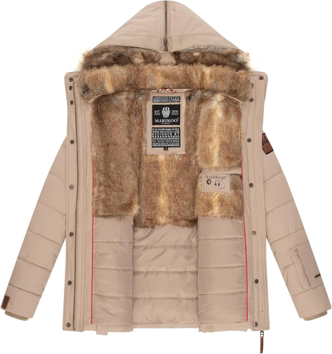 MARIKOO Damen Wintejacke warme Steppjacke mit Kunstfell Innenfutter Nekoo XS-3XL S Beige, S Beige