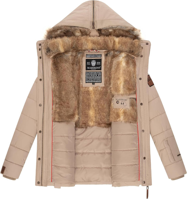 MARIKOO Damen Wintejacke warme Steppjacke mit Kunstfell Innenfutter Nekoo XS-3XL S Beige, S Beige