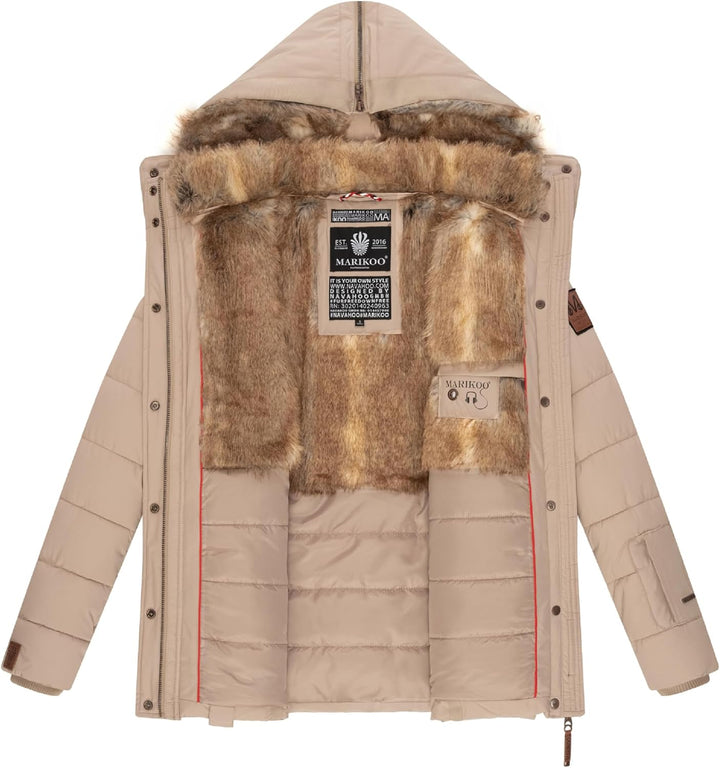 MARIKOO Damen Winterjacke warme Steppjacke mit Kunstfell Innenfutter Nekoo XS-3XL M Beige, M Beige