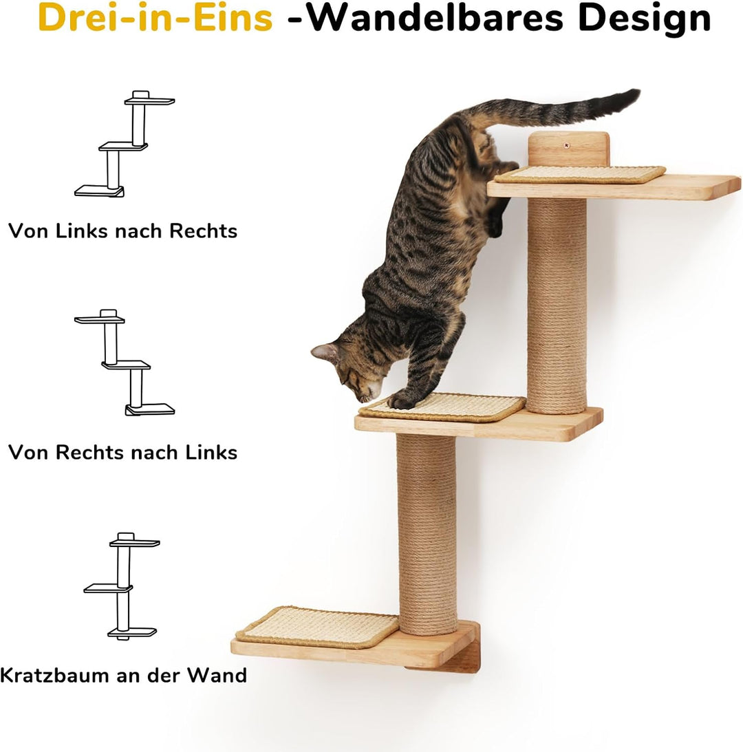 FUKUMARU Kletterwand Katze, Katze Wandregale aus Massives Gummiholz und Jute, 3 in 1 Transformable K