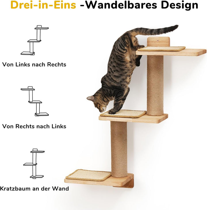 FUKUMARU Kletterwand Katze, Katze Wandregale aus Massives Gummiholz und Jute, 3 in 1 Transformable K