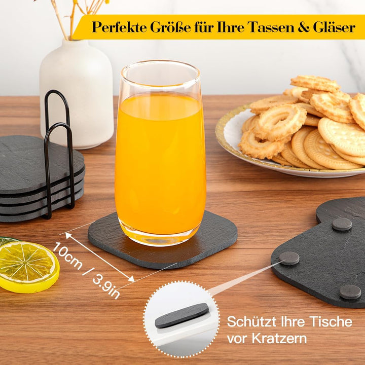 Schiefer Untersetzer Set 8 Stück, 10 cm Runde Ecken Quadratisch Schiefer Untersetzer mit Halter, Unt