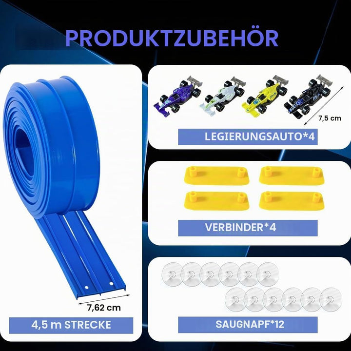 Tragbare Rennbahn für Kinder 5 Meter Flexible Dual-Rennstrecke mit 4 Leichtmetall-Autos, Rampen &amp; Au