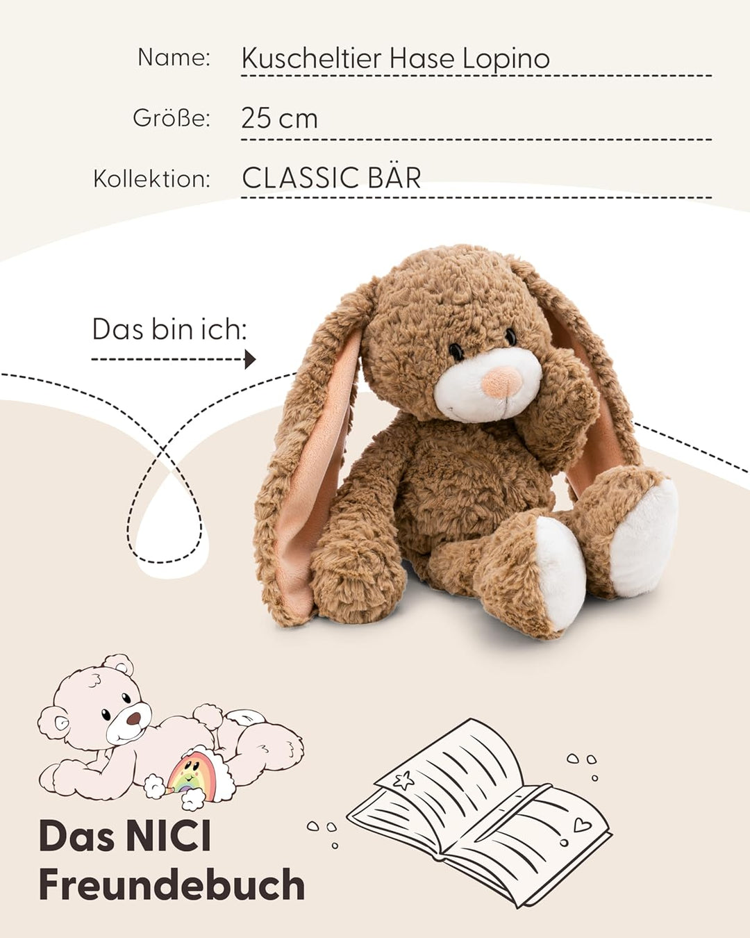 NICI Kuscheltier Hase Lopino 25cm - braun - Weiches Plüschtier – niedliches Stofftier zum Kuscheln &amp;