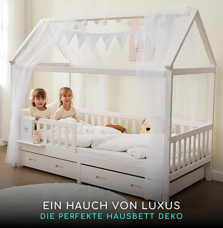 Gemütliches Hausbett Deko Set 3-TLG Hausbett Himmel, Ohne Lichterkette – 2X Betthimmel + Wimpelkette