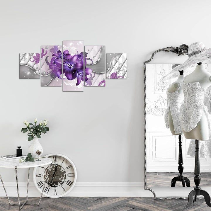 Runa Art Wandbilder Blumen Lilien 5 Teilig Bild auf Vlies Leinwand Deko Wohnzimmer Abstrakt Violett