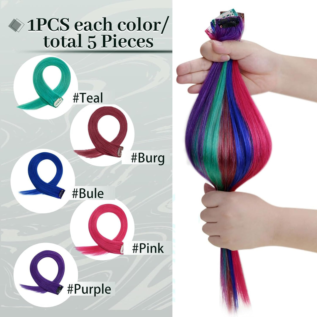 RUNATURE Bunt Haarverlängerung Echthaar Clip Invisible Lang Clip in Extensions 55cm Blau/Rot/Pink/Li