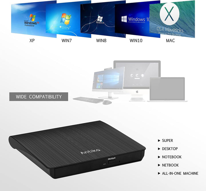 Antika Externer DVD-/CD-Brenner mit externem CD-Laufwerk USB 3.0 DVD +/- RW CD +/- RW tragbares Kart