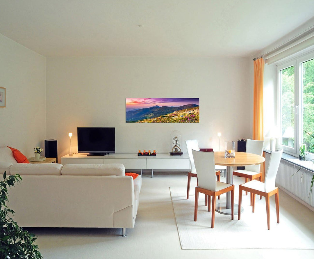Paul Sinus Art Panoramabild auf Leinwand und Keilrahmen 150x50cm Ukraine Berge Blumenwiese Abendrot