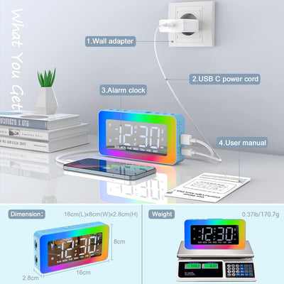 Digitaler elektronischer Wecker mit 2 Weckern, Spiegel LED mit 8 Lichtmodi, Snooze, Schlafhilfe, Tim
