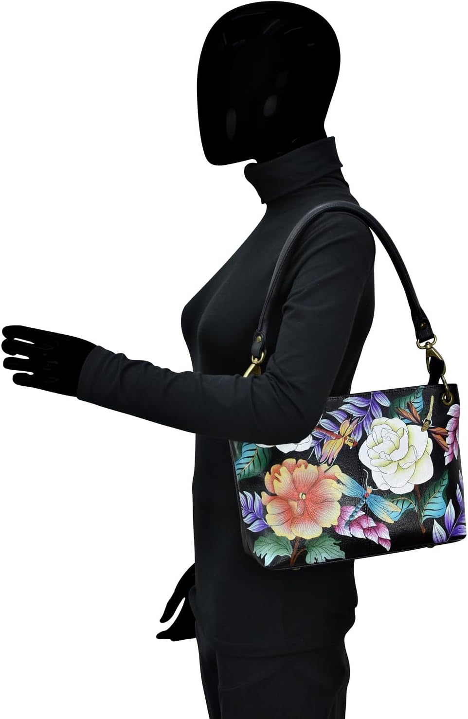 Anna by Anuschka Tragetasche aus echtem Leder. Magical Dragonflies Black, Magical Dragonflies Black