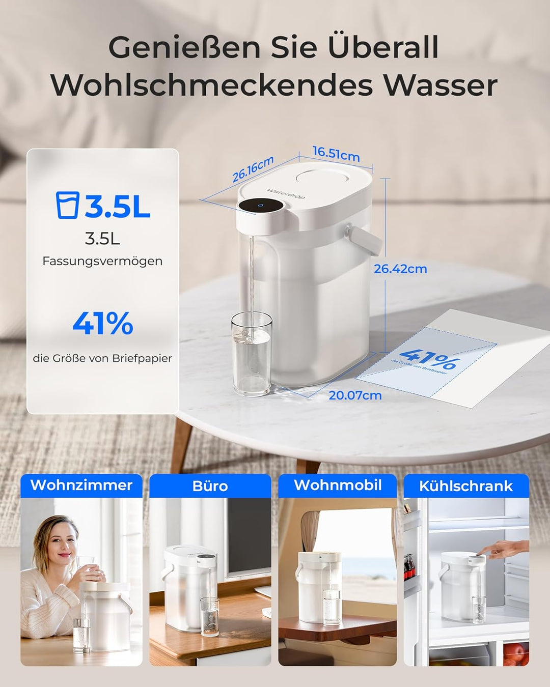 Waterdrop WD-ED11W Wiederaufladbarer Elektrischer Wasserfilterkrug, 3,5L Wasserenthärter Kalkfilter
