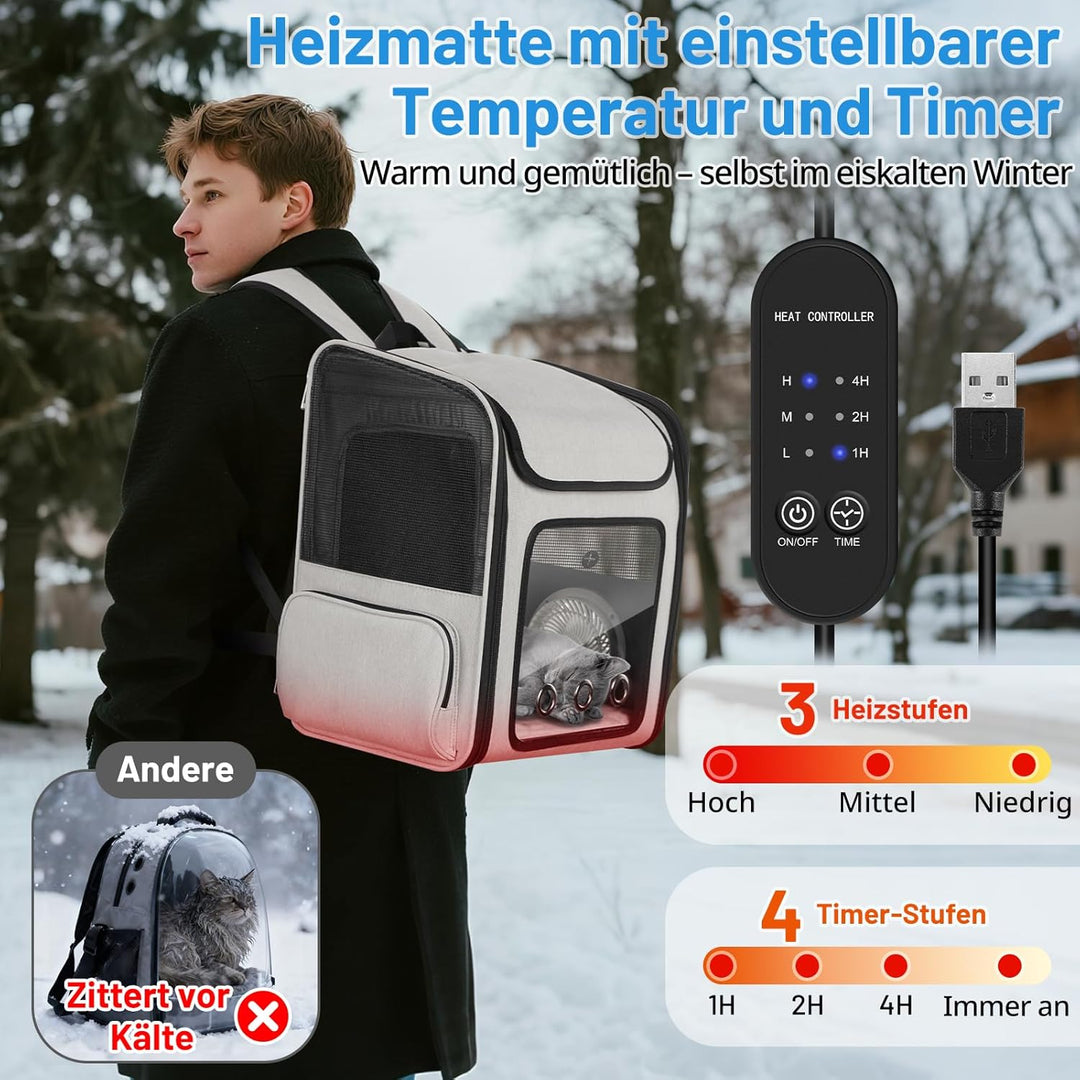 Katzenrucksack mit Kühlventilator und Heizkissen für alle Jahreszeiten, erweiterbare Haustiertrageta