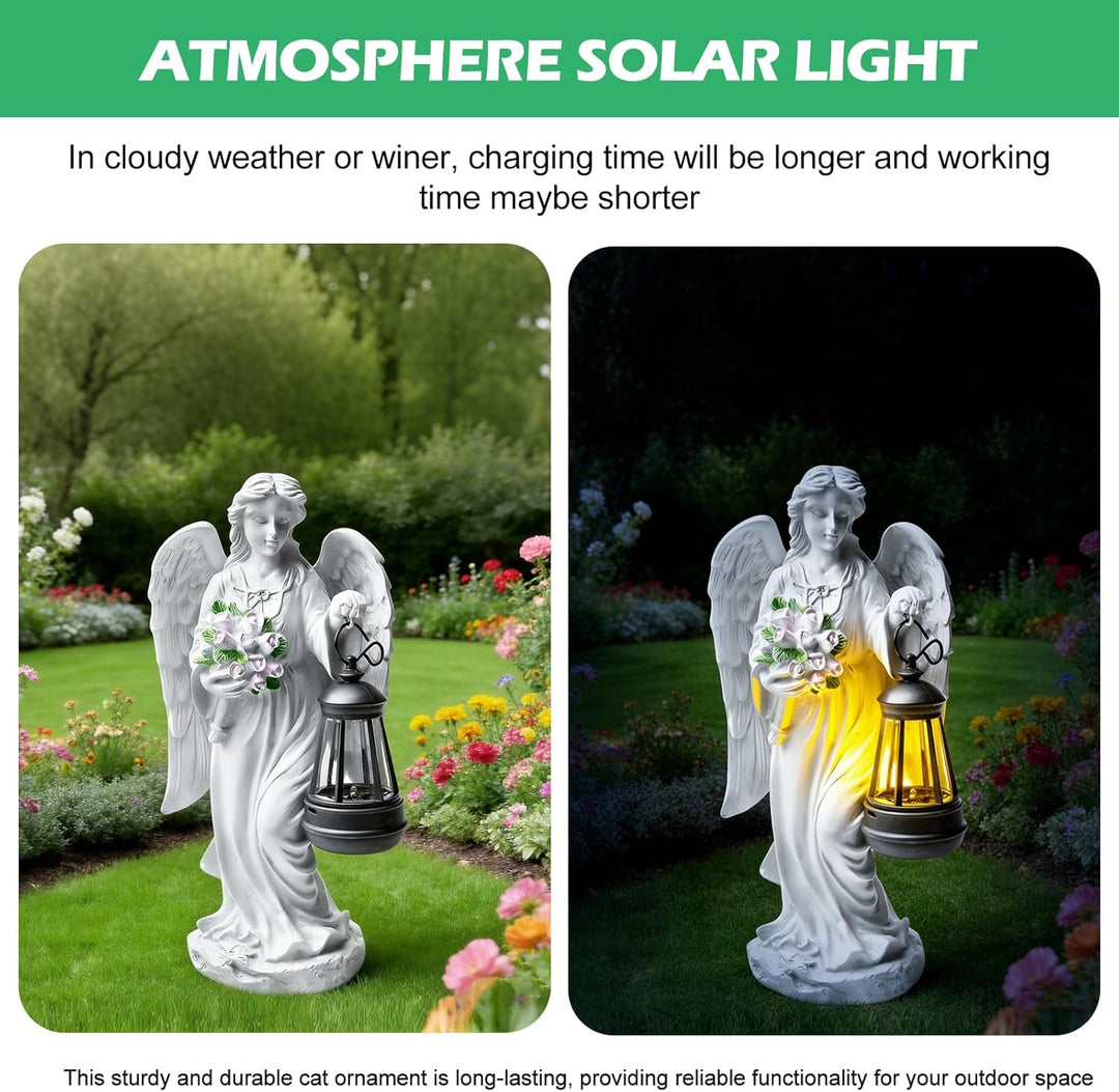 GOMETY Solar Engel Gartenstatuen, Schutzengel-Figur mit LED Solar Laterne, Grablicht Outdoor-Deko, E