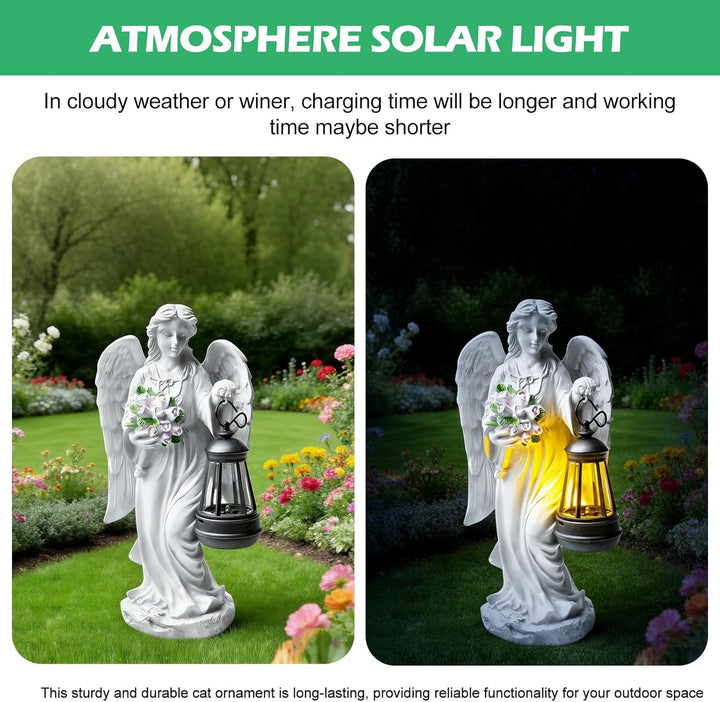 GOMETY Solar Engel Gartenstatuen, Schutzengel-Figur mit LED Solar Laterne, Grablicht Outdoor-Deko, E