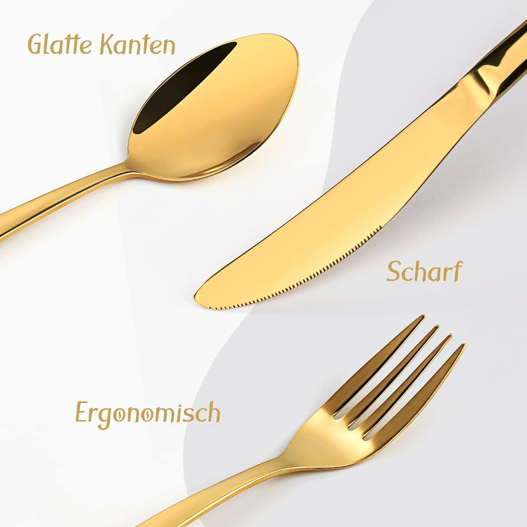 Golden Besteck Set 6 Personen, 24 Stück Edelstahl Besteck Set, Messer Gabel Löffel mit Geschenkbox,