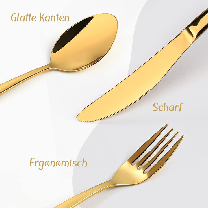 Golden Besteck Set 6 Personen, 24 Stück Edelstahl Besteck Set, Messer Gabel Löffel mit Geschenkbox,