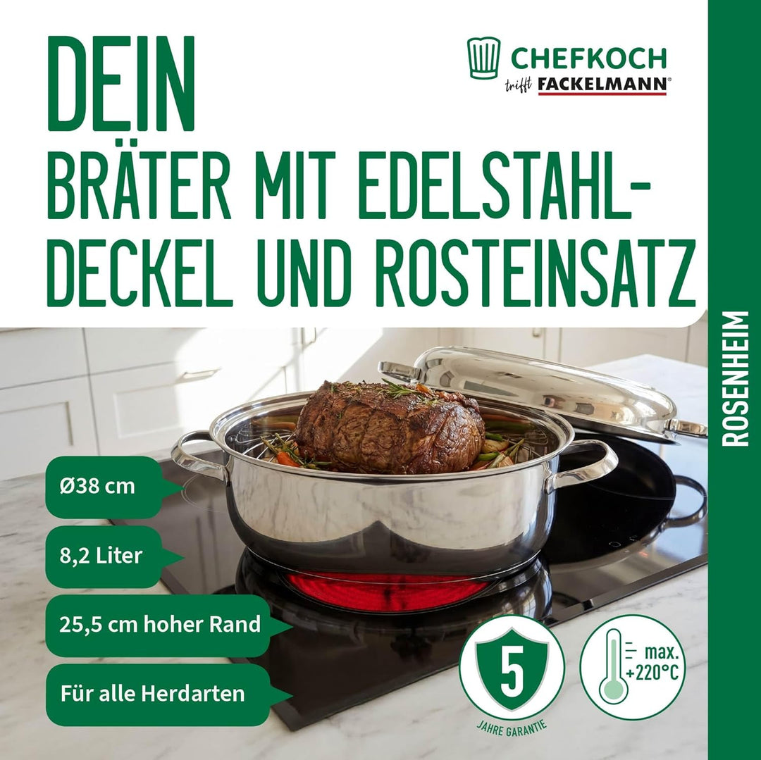 Chefkoch trifft Fackelmann Bräter Rosenheim – Ø38 cm, mit Edelstahldeckel, Gussgriff und Rosteinsatz