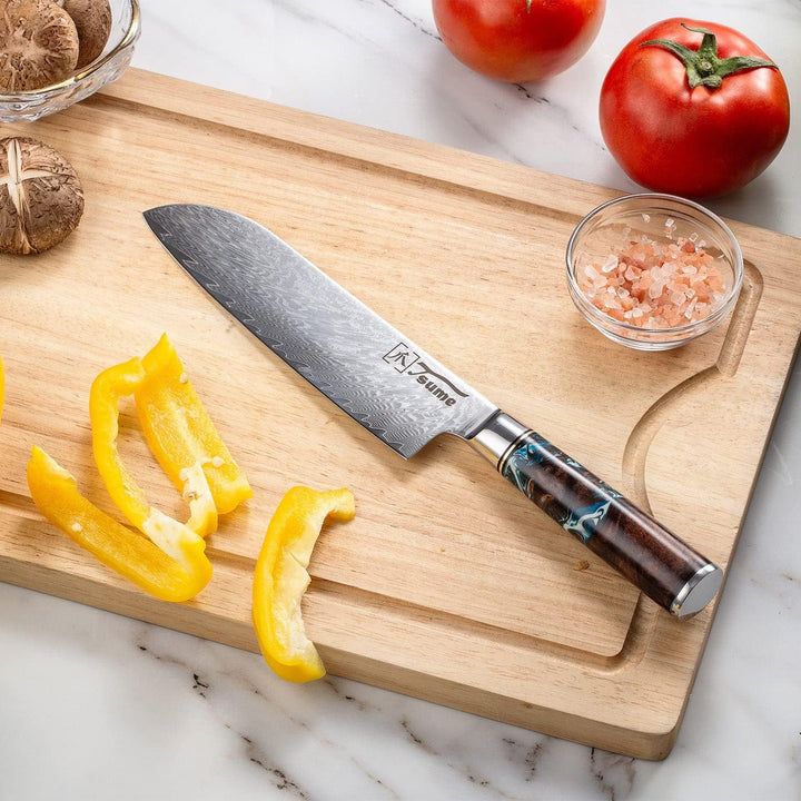 Tsume Santoku Messer Sturm, Klingenlänge 19cm, Echtes Damast Küchenmesser, 67 Schichten VG10 Edelsta