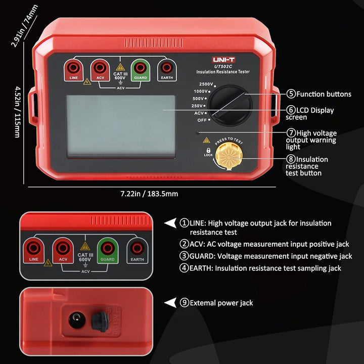 UNI-T UT502C Isolierung Widerstand Tester 2500V 20.0GΩ Isolationsmessgerät Isolationstester, Digital