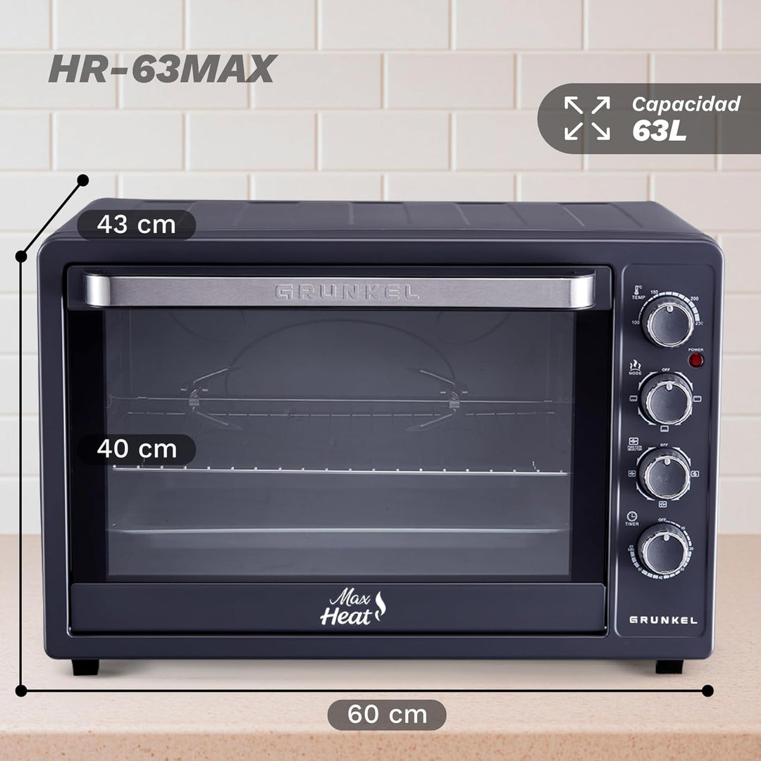 Grunkel Elektrischer Multifunktionsofen, 63 l, mit 3 Heizfunktionen und Temperaturwähler bis 230 °C,