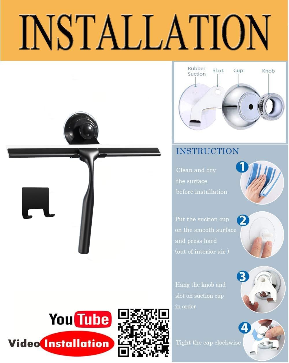 Zindoo Duschabzieher, 24,5 x 17 cm Abzieher Dusche Edelstahl Fensterabzieher mit Besonderes Saughake