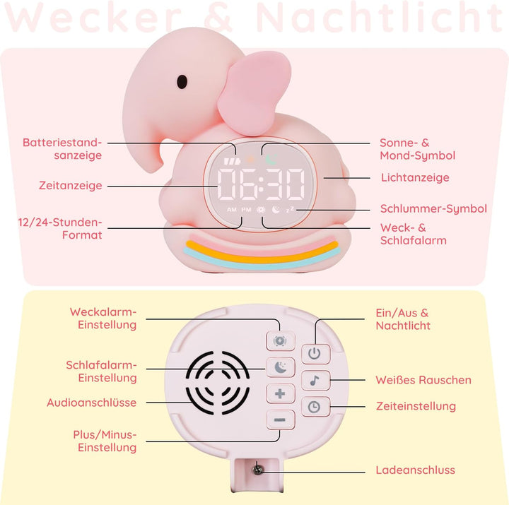 Yiliaw Rosa Elefant Kinderwecker mit Nachtlicht – Schlaftrainer & Aufwachuhr, wiederaufladbare Silik