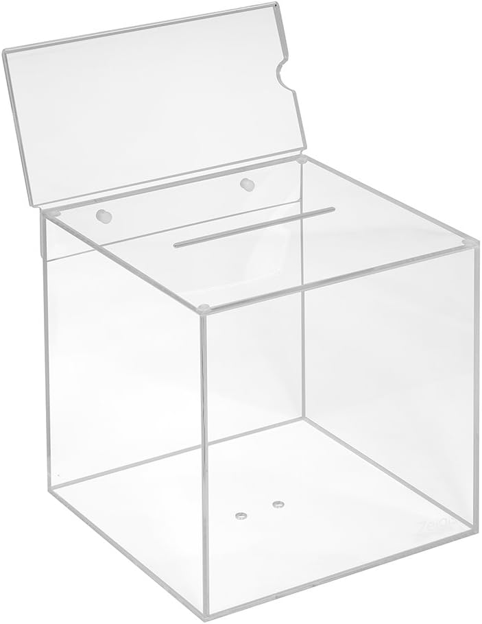 Losbox aus Acrylglas in 200x200x200mm mit Topschild DIN Lang Quer - Zeigis® / Spendenbox/Aktionsbox/