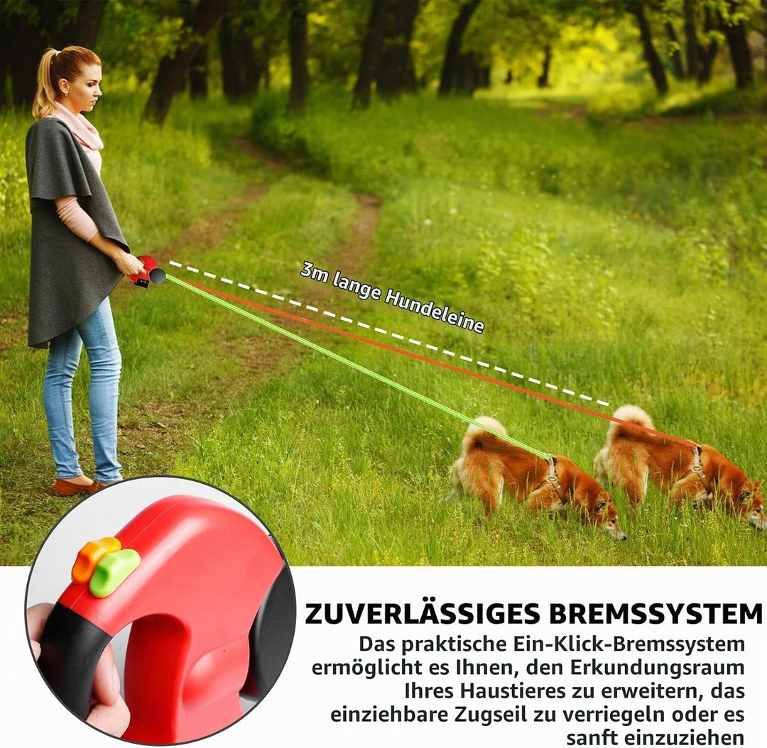 Doppelleine für 2 Hunde - 3 Meter, Einziehbare und Ausziehbare Hundeleine mit Lichtfunktion, Ergonom