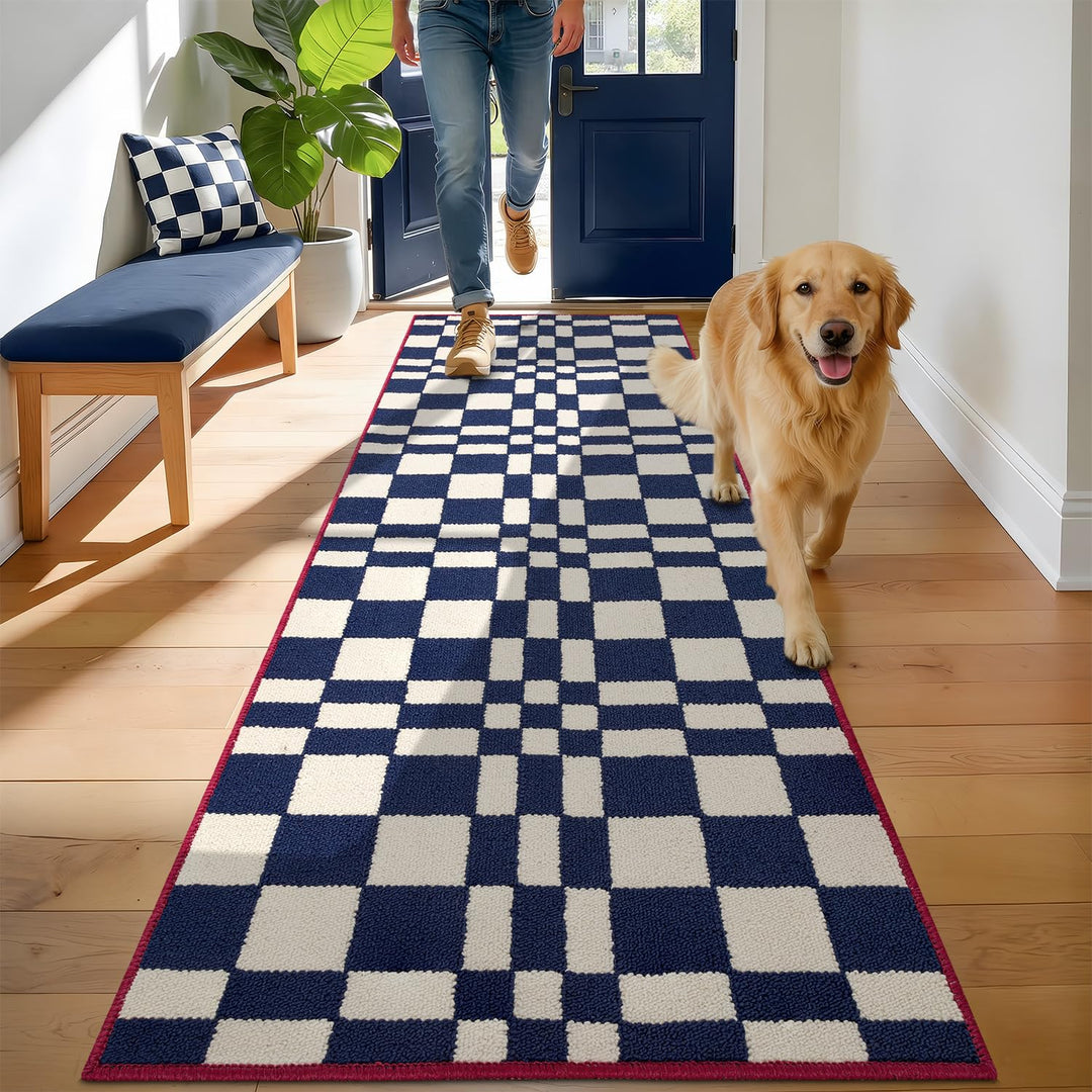 Biscpro Schachbrettmuster Fussmatte,rutschfeste Innen 60x180cm,Blau,waschbar | Maschinenwaschbare Fu
