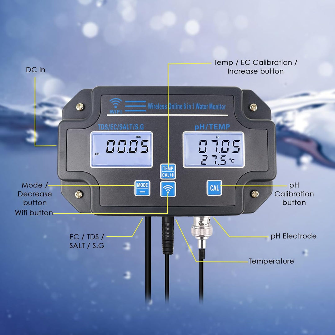 WLAN-Wasserqualitätstester, 6-in-1-pH-Monitor, misst pH/EC/TDS/Salzgehalt/spezifisches Gewicht und T