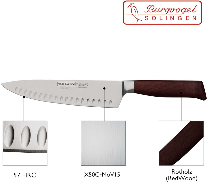 Burgvogel Solingen Natura Line, Kochmesser Holzgriff, rot satiniert, geschmiedet, 23 cm mit Kullensc