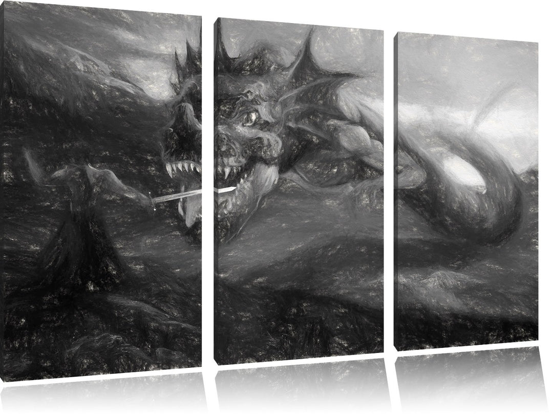 Pixxprint Drache kämpft gegen Krieger als Leinwandbild/Grösse: 3 Teilig (120x80 cm) cm/Wandbild/Kuns