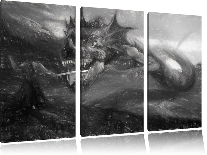 Pixxprint Drache kämpft gegen Krieger als Leinwandbild/Grösse: 3 Teilig (120x80 cm) cm/Wandbild/Kuns