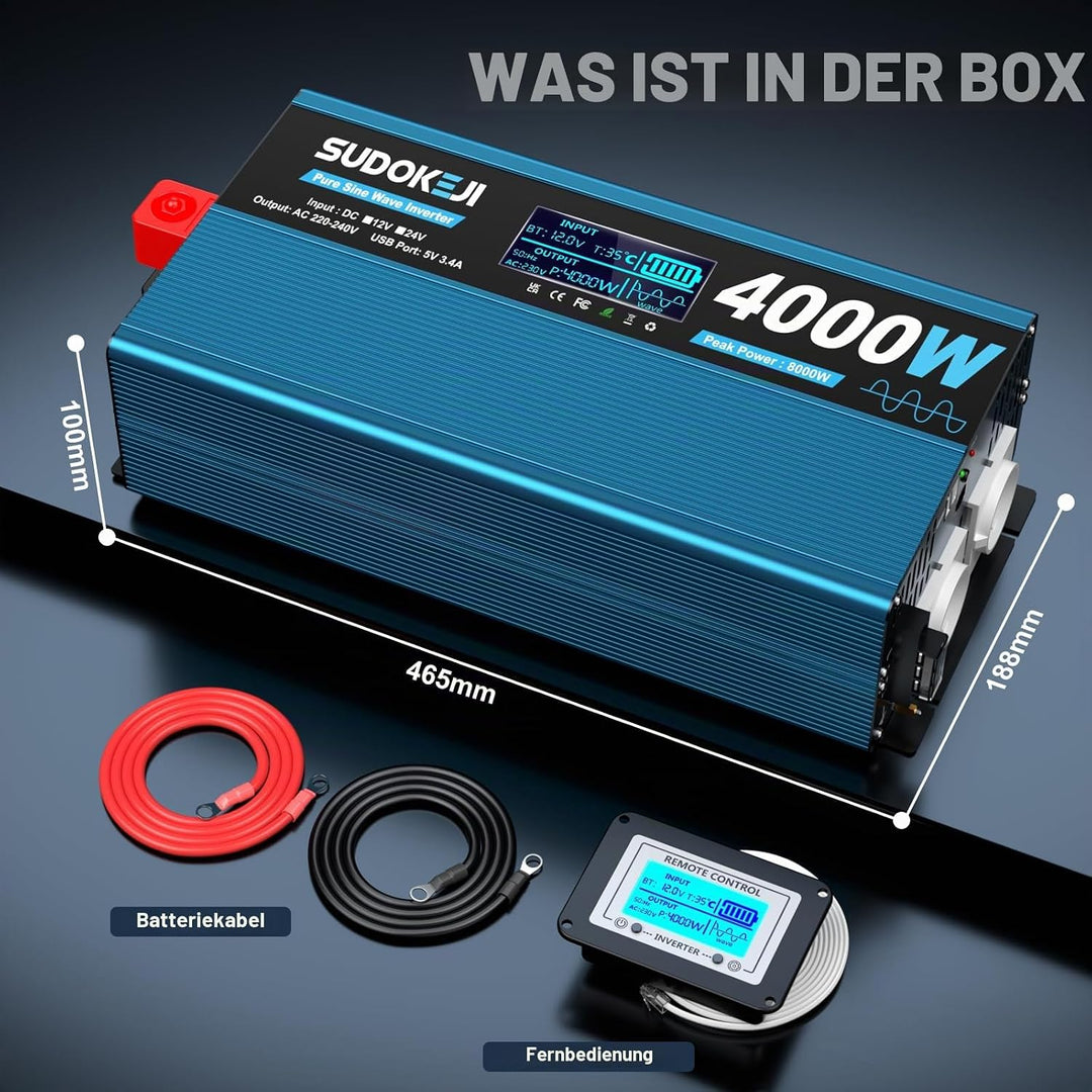 Wechselrichter 12V auf 230V Reiner Sinus 4000W Spannungswandler mit LCD-Bildschirm-Fernbedienung 2 E