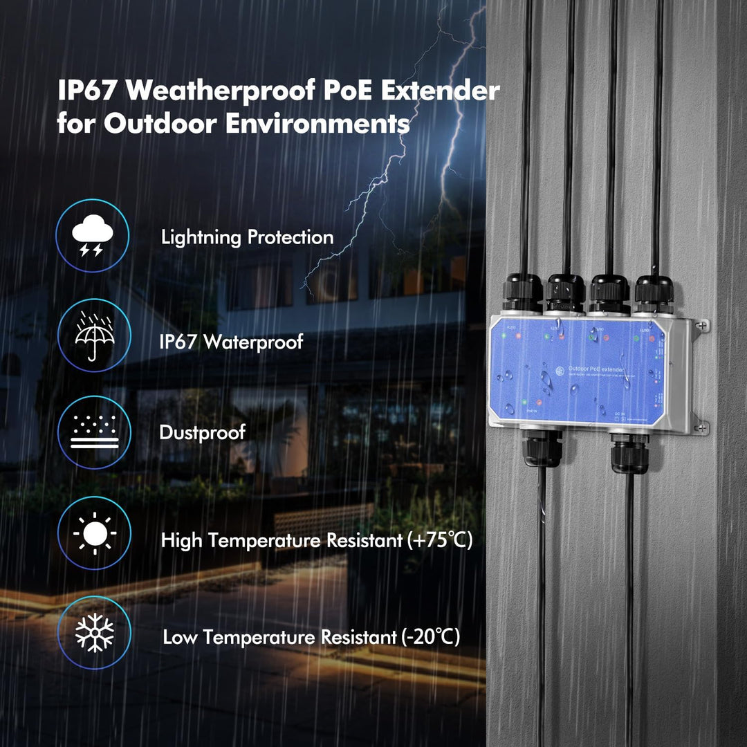 MokerLink IP67 Outdoor 5 Port Gigabit PoE Extender, IEEE 802.3 af/at/bt PoE Repeater 90W, 10/100/100