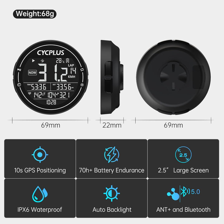 CYCPLUS Fahrradcomputer GPS Fahrradtacho Kabellos, Wasserdicht IPX6 Fahrrad Computer ANT+ Drahtloser