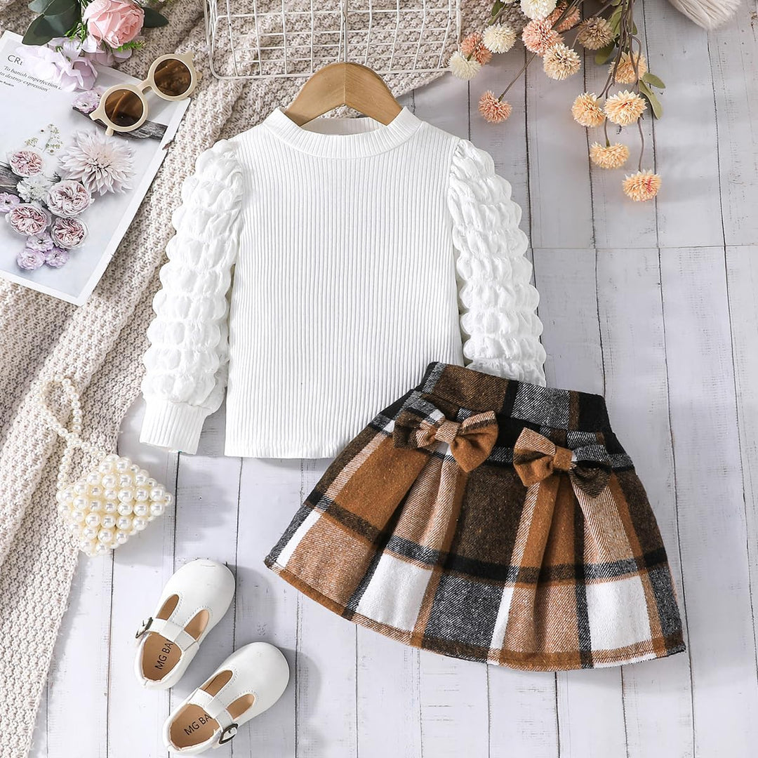Kleinkind Mädchen Kleidung Puffärmel Langarm Gerippte Oberteile + Bowknot Plaid Mini Rock 2 Stück He