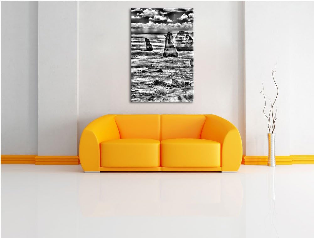 Pixxprint Monocrome, Meer klippe küste Sonnenaufgang Steine Strand, Format: 100x70 auf Leinwand, XXL