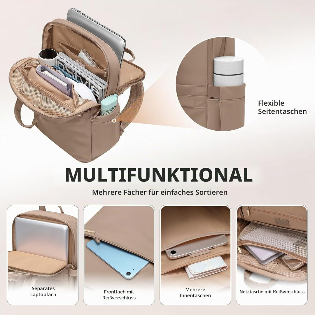 Schlanker Laptop-Rucksack für Damen, leicht, Business-Rucksack für Damen und Herren, Champagnerbraun