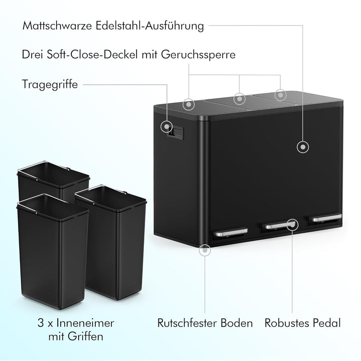 VonHaus Mülleimer Küche 3 Fächer, 45L Recycling Mülltrennsystem – Abfalleimer Biomüll, Rutschfester